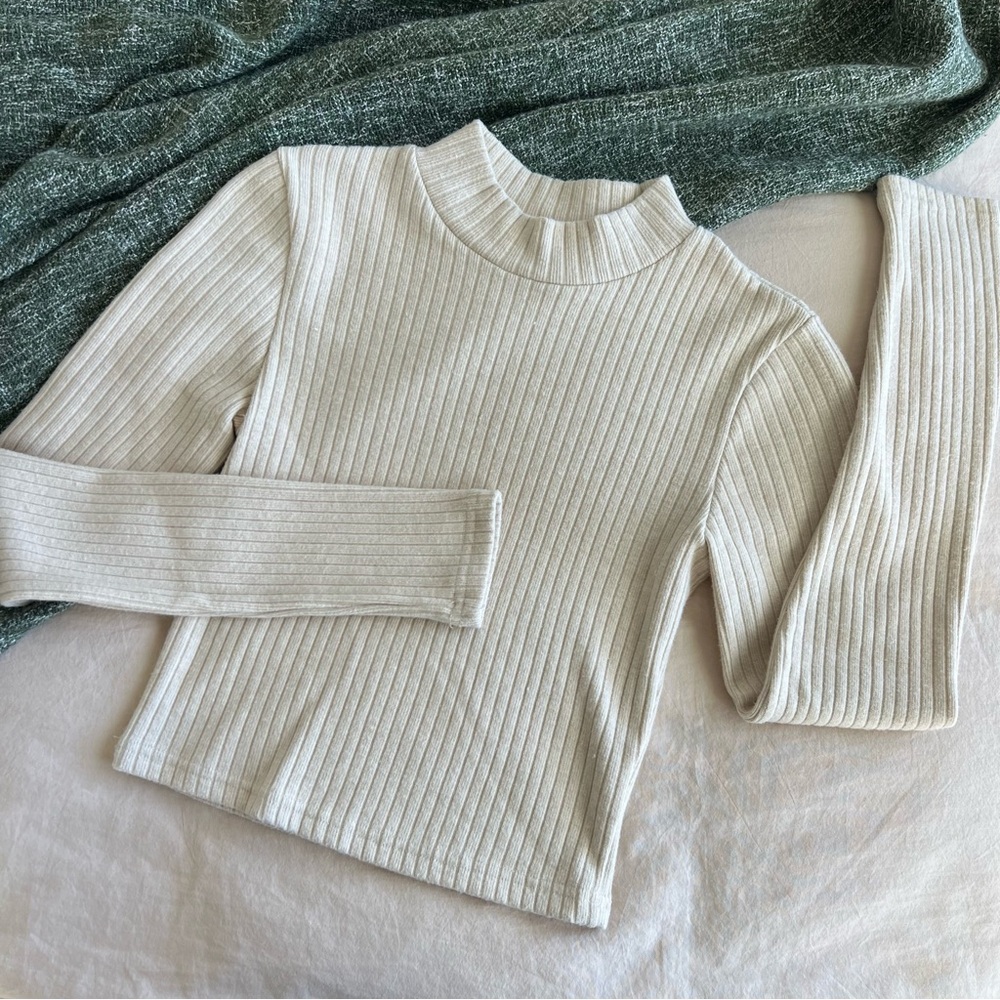 OGL Cream Ribbed Mock Neck Cropped Sweater